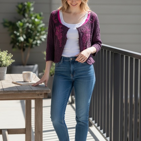 Free People Cardigan Crinkly Purple Pink Wool Silk Beaded Fairy Shrug | Sz L - Picture 6 of 16